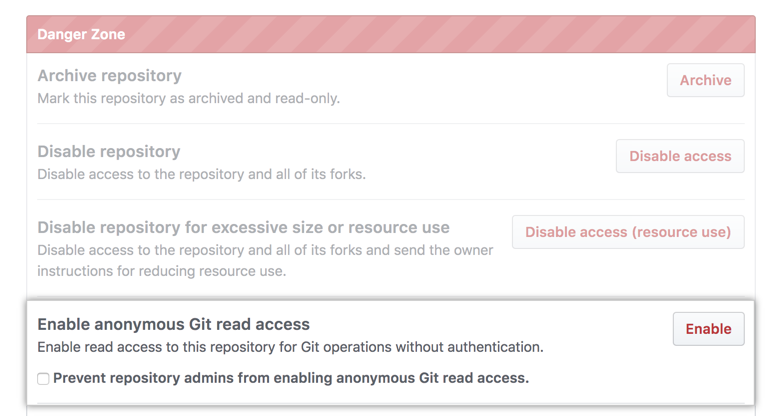 Botão "Enabled" (Habilitado) na opção "Enable anonymous Git read access" (Habilitar acesso de leitura anônimo do Git) na zona de perigo das configurações de administração do site 