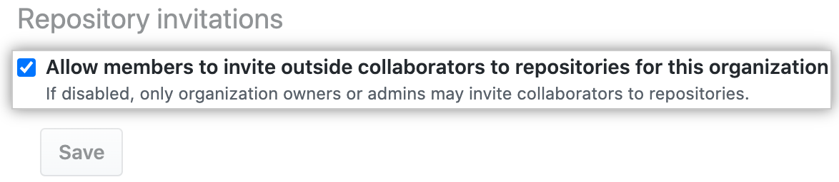 允许成员邀请外部协作者加入组织仓库的复选框