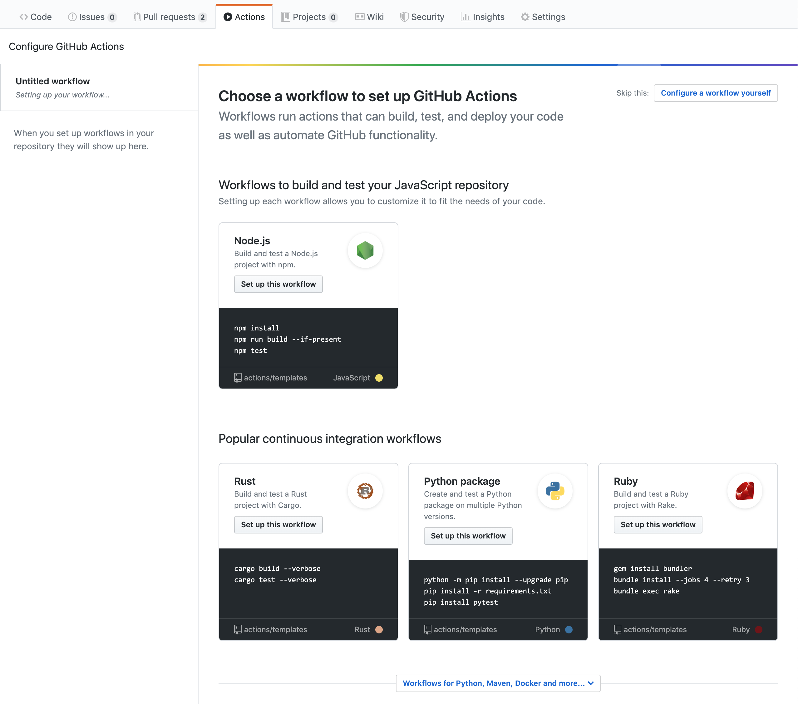 Captura de tela dos modelos sugeridos de integração contínua