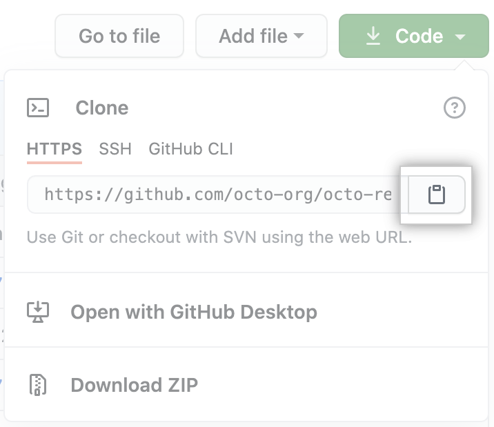 GitHub CLIでリポジトリをクローンするためのURLをコピーするためのクリップボードアイコン