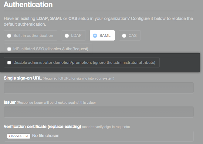 SAML disable admin config