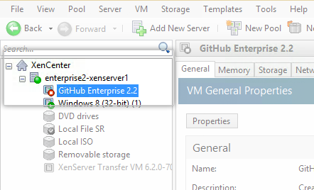 GitHub Enterprise VM in XenCenter