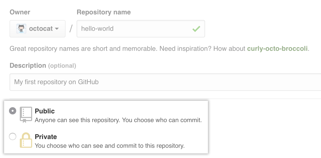 Radio buttons to select private or public status