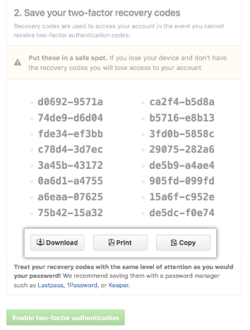 List of recovery codes with option to download, print, or copy the codes