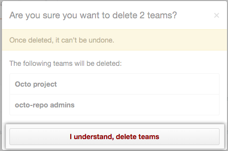 List of teams that will be deleted and Delete teams button