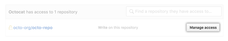 Selecione o botão Manage access (Gerenciar acesso) ao lado do repositório ao qual o colaborador externo tem acesso