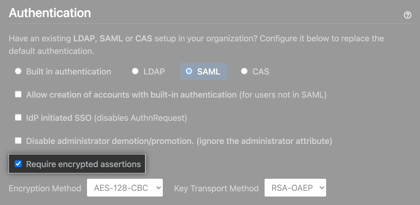 Screenshot of "Enable encrypted assertions" checkbox within management console's "Authentication" section