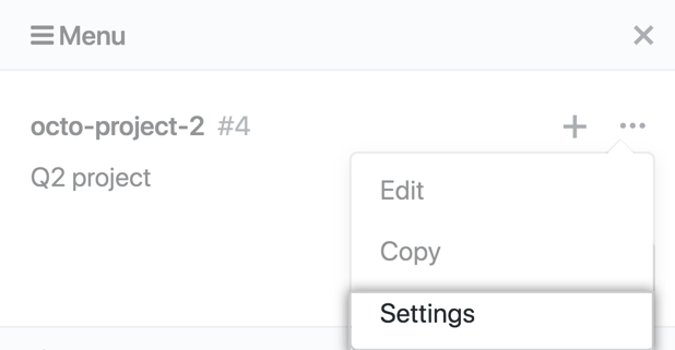 Settings option in drop-down menu from project board sidebar
