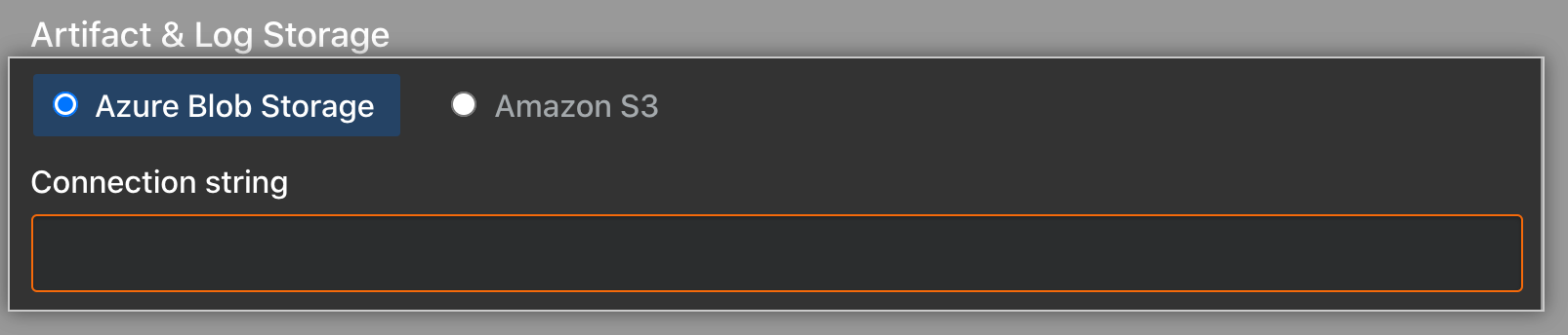 Radio button for selecting Azure Blob Storage and the Connection string field