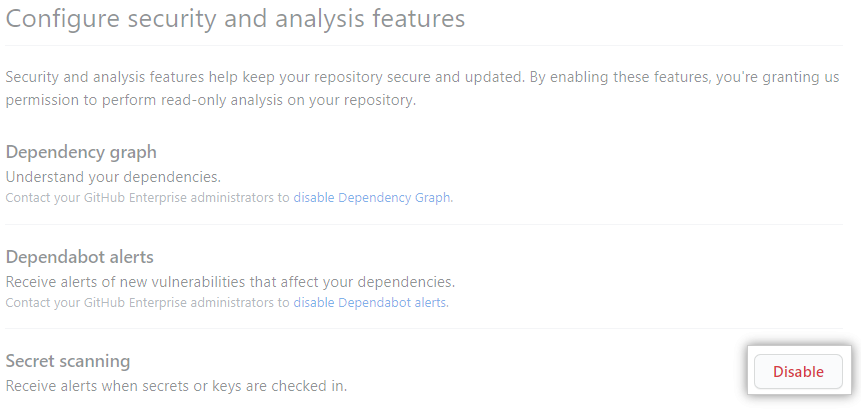 "Enable" or "Disable" button for "Configure security and analysis" features