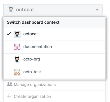 Menú desplegable del interruptor de contexto del tablero de control que muestra diferentes opciones de organización