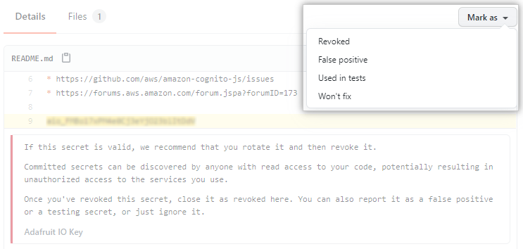 Drop-down menu for resolving an alert from secret scanning