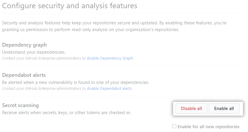 "Enable all" or "Disable all" button for "Configure security and analysis" features