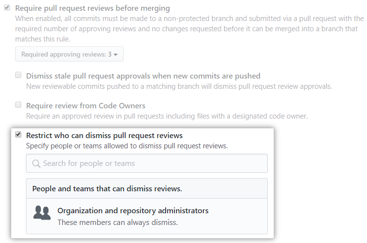 Caixa de seleção Restrict who can dismiss pull request reviews (Restringir quem pode ignorar revisões de pull request)