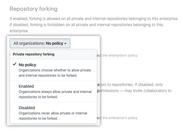 リポジトリ フォーク ポリシー オプションのドロップダウンメニュー
