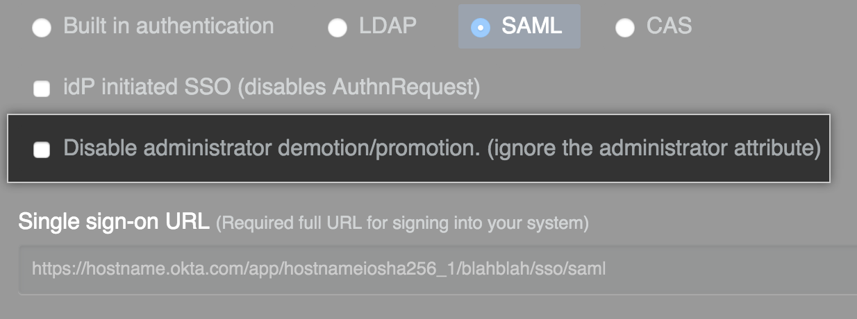 Screenshot of option to enable option to respect the "administrator" attribute from the IdP to enable or disable administrative rights