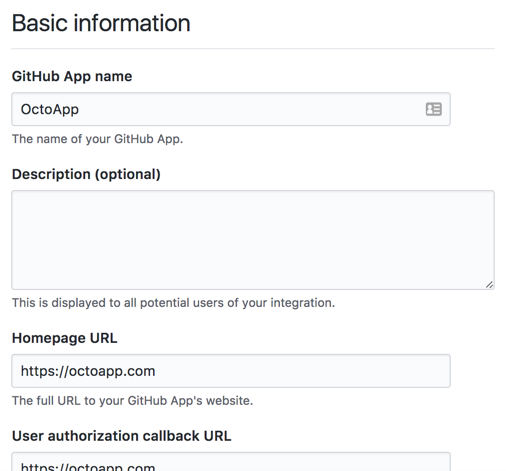 Seção de informações básicas para o seu aplicativo GitHub