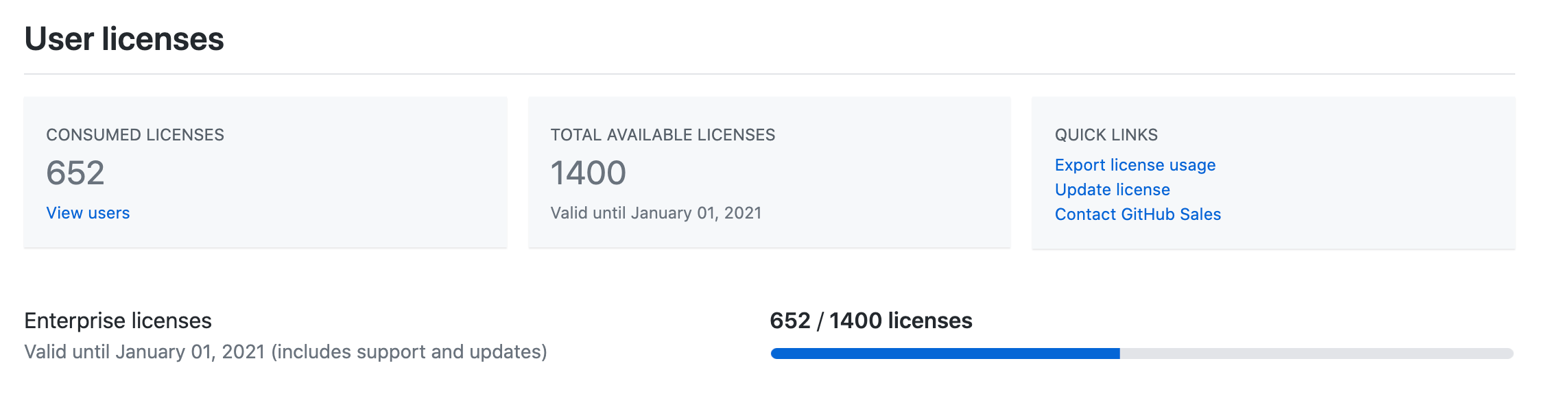 License and subscription information in enterprise billing settings