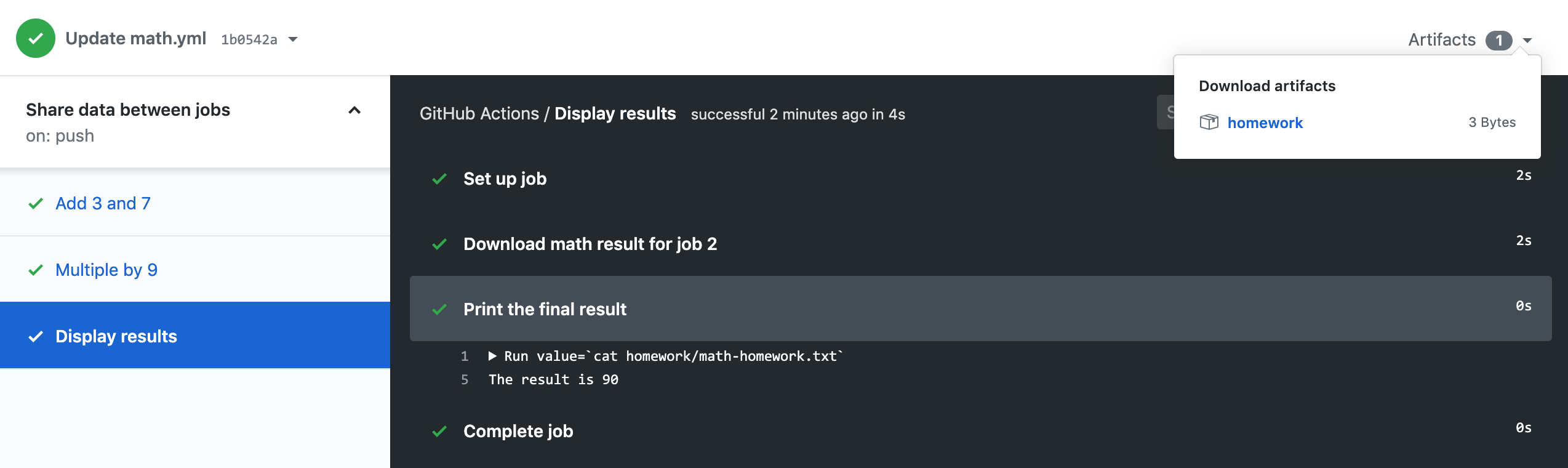 Workflow that passes data between jobs to perform math