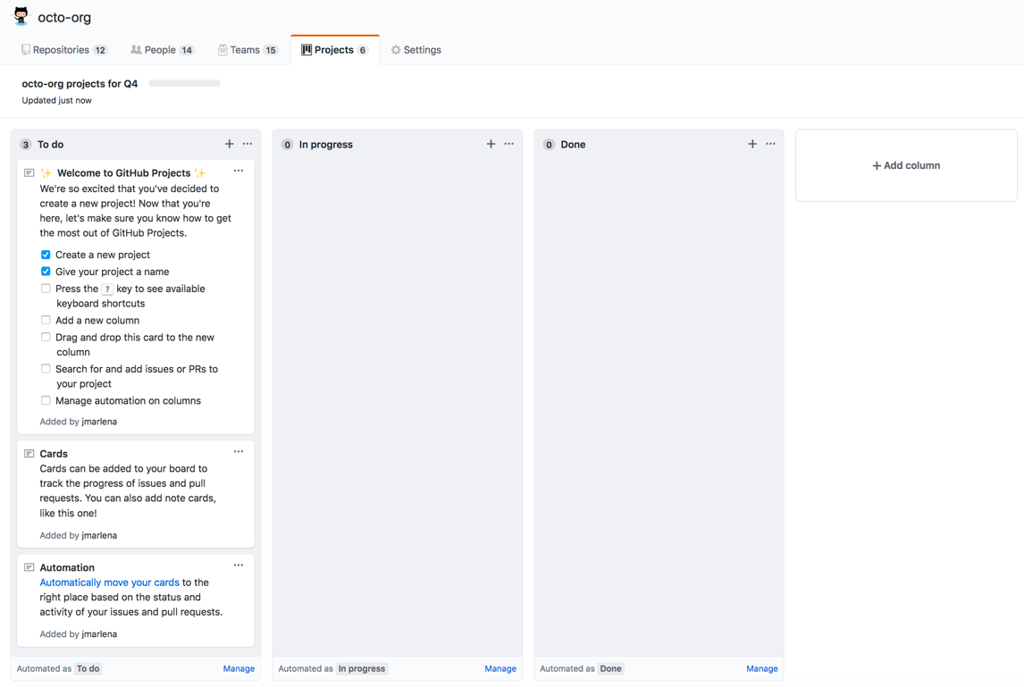 basic kanban テンプレートでのプロジェクトボード