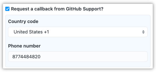Screenshot of the "Request callback" checkbox, "Country code" dropdown menu, and "Phone number" text box.