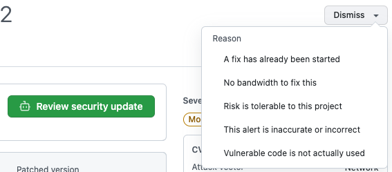 Choosing reason for dismissing the alert via the "Dismiss" drop-down