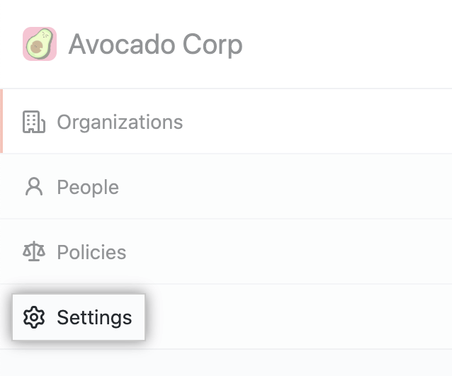 Settings tab in the enterprise account sidebar