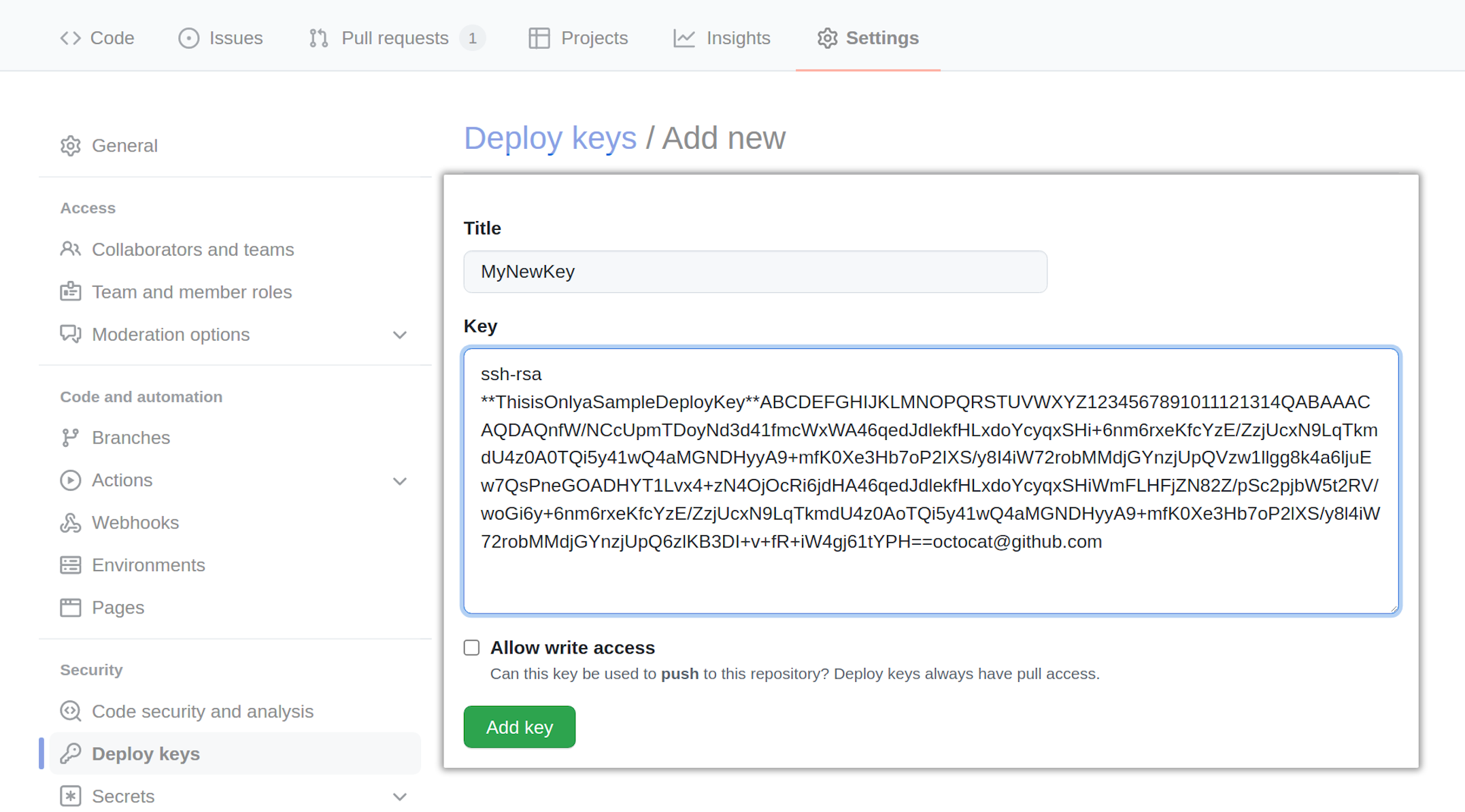 Deploy Key page