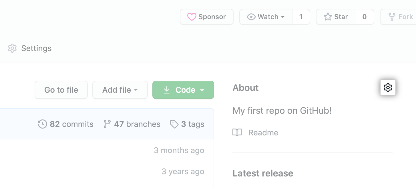 Gear icon on main page of a repository
