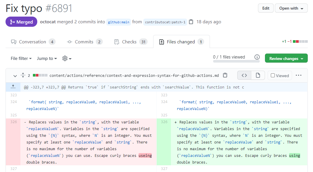 Exemplo de pull request - Aba de Arquivos alterados