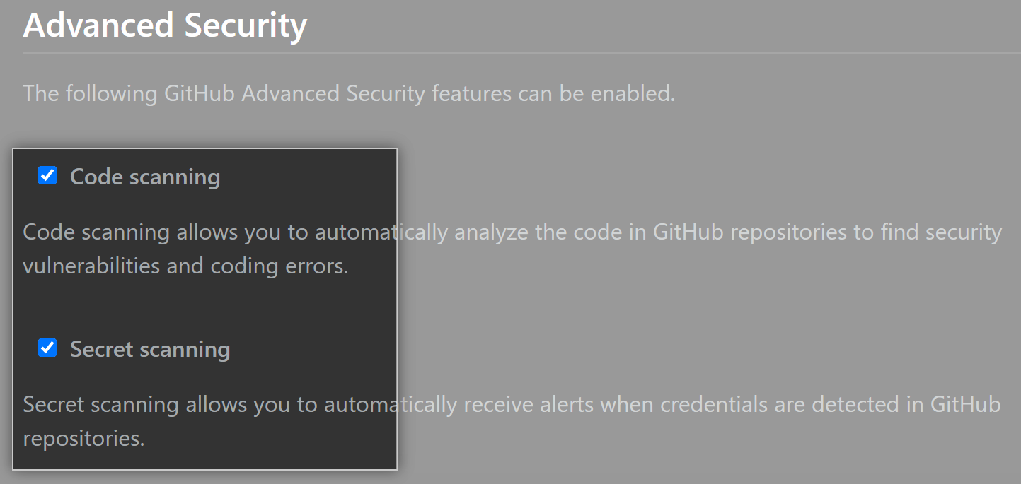 Checkbox to enable or disable Advanced Security features