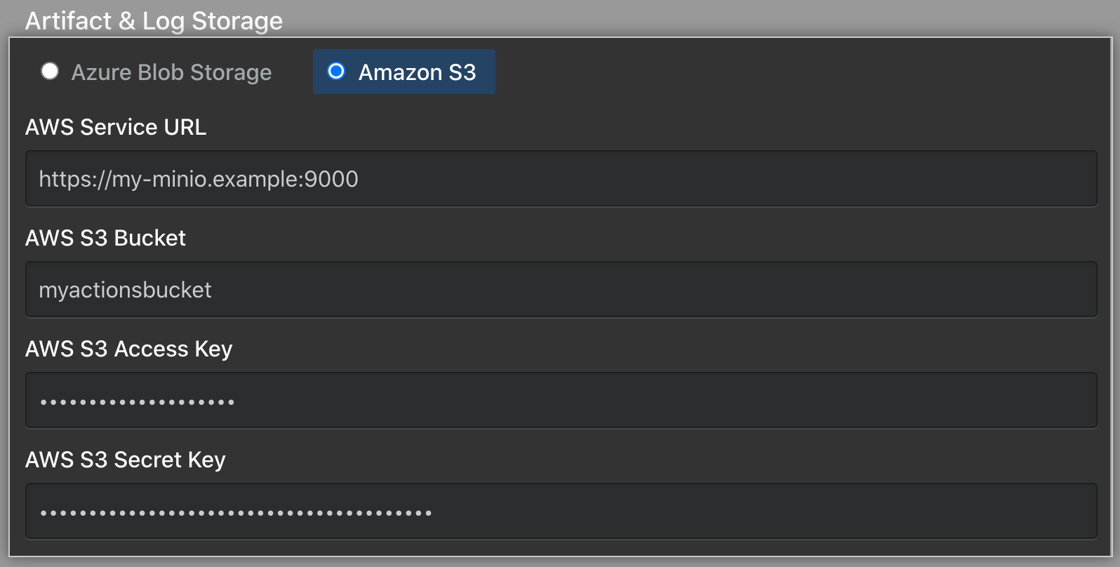 Radio button for selecting Amazon S3 Storage and fields for MinIO configuration