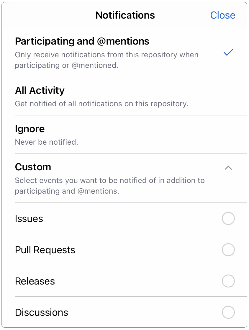 Watch settings dropdown menu in GitHub Móvil