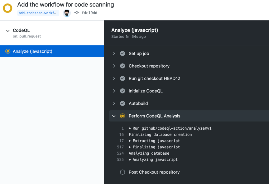 Log output from the code scanning workflow