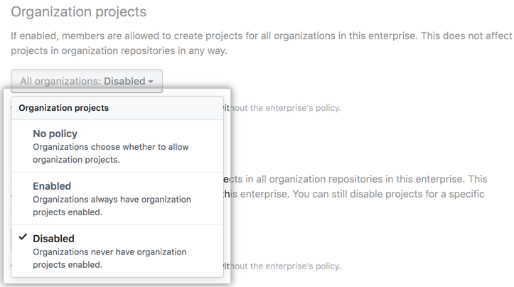 Drop-down menu with organization project board policy options