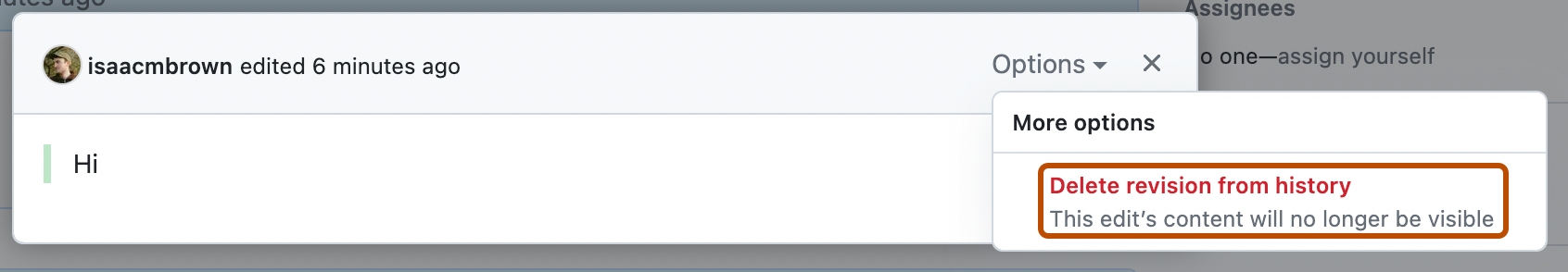 コメントの編集履歴のスクリーンショット。 [Options] ドロップダウン メニューが展開されています。 [Delete revision from history] オプションがオレンジ色の枠線で囲まれています。