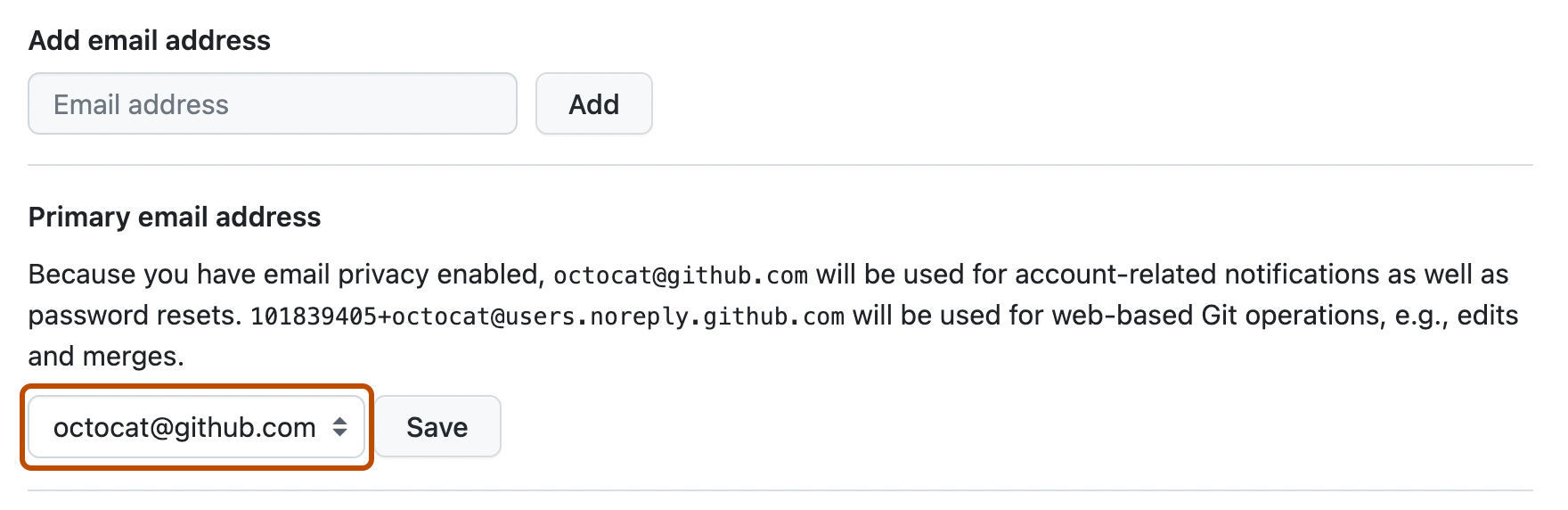 Captura de tela da página de configurações de "Email". Em "Endereço de email primário", um menu suspenso, rotulado com o endereço de email do Octocat, está contornado em laranja.