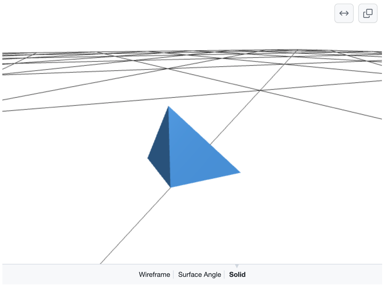 黑色线条网格上的蓝色棱锥体 3D 模型的屏幕截图。 选项“Wireframe”、“Surface Angle”或“Solid”显示在底部。