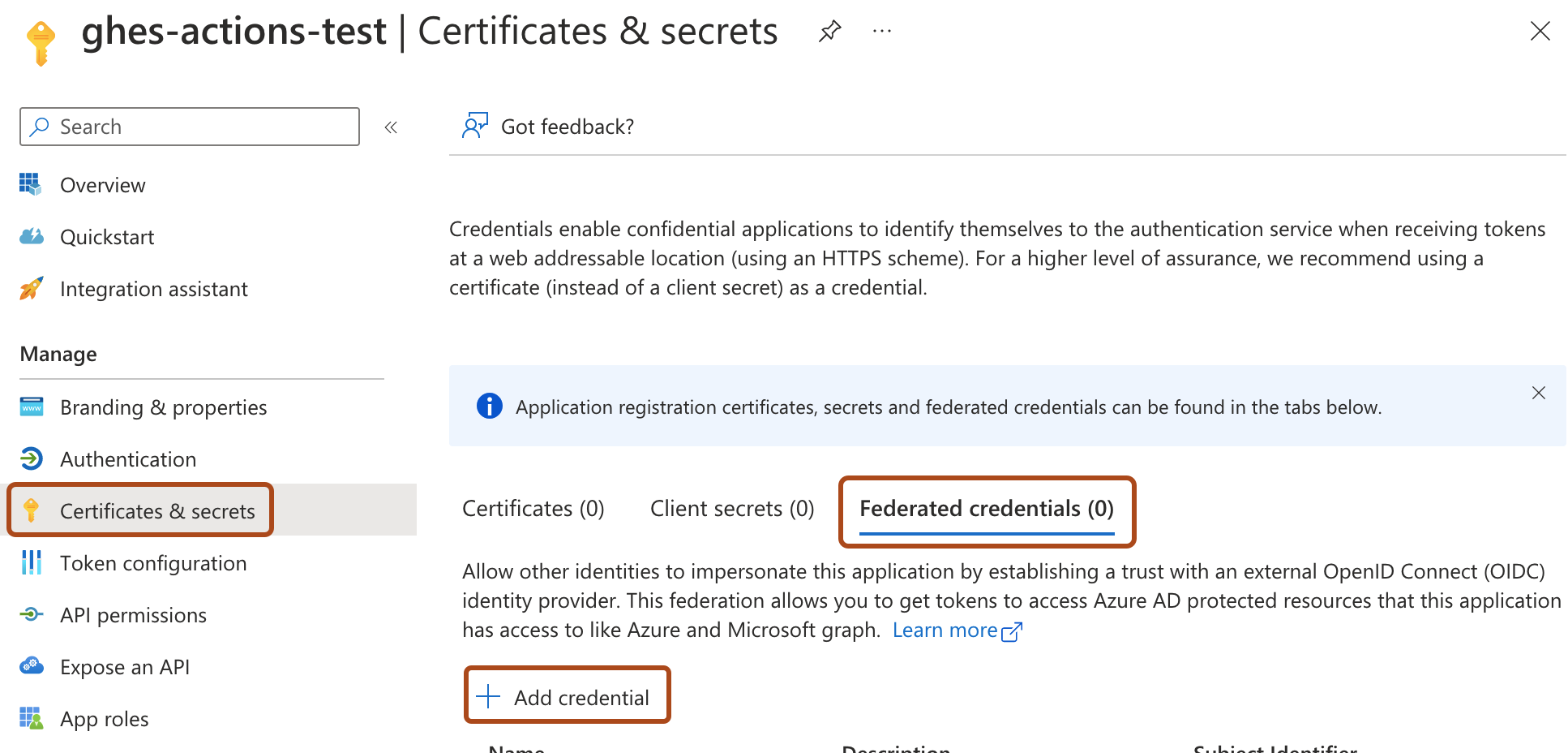 用于管理“Certificates & secrets”的页面的屏幕截图。 页面链接、“Federated credentials”选项卡和“Add credential”按钮被框出。