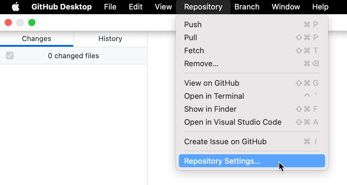 Mac のメニュー バーのスクリーンショット。 [リポジトリ] ドロップダウン メニューが開いており、青色で強調表示されている [リポジトリの設定] にカーソルが置かれています。