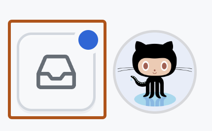 Captura de pantalla de la esquina derecha del encabezado de GitHub. Un icono de bandeja de entrada tiene un punto azul, lo que indica que hay notificaciones no leídas.