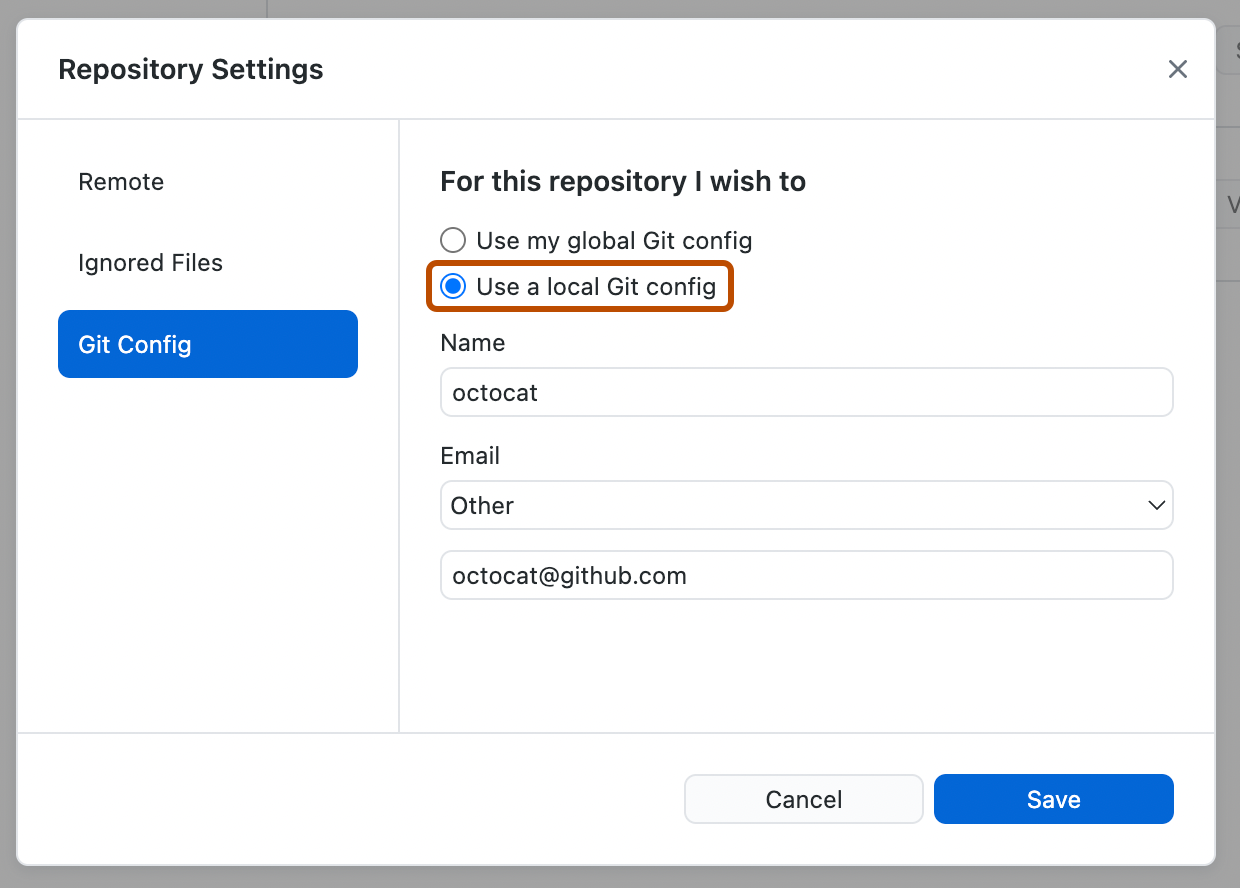 Capture d’écran du volet « Configuration Git » dans la fenêtre « Paramètres du dépôt ». Le bouton radio « Utiliser une configuration Git locale » est sélectionné et mis en évidence en orange.