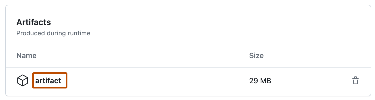 Capture d’écran de la section « Artefacts » d’une exécution de flux de travail. Le nom de l’artefact généré par l’exécution, « artefact », est mis en évidence en orange.