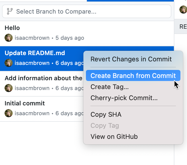 Screenshot of a list of commits in the "History" tab. Next to a commit, the cursor hovers the "Create Branch from Commit" option in a context menu.