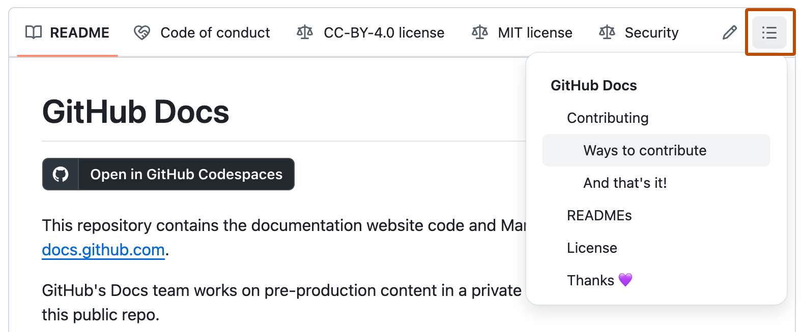 Capture d’écran du fichier README dans le dépôt GitHub Docs open source avec le menu déroulant de la table des matières exposé. L’icône de table des matières est indiquée en orange foncé.