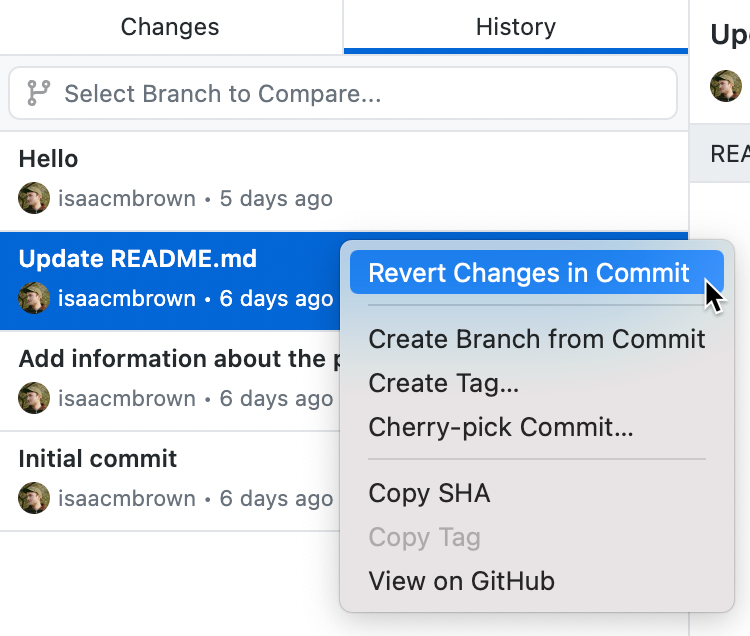 Screenshot of a list of commits in the "History" tab. The cursor hovers over the "Revert Changes in Commit" option in a context menu.