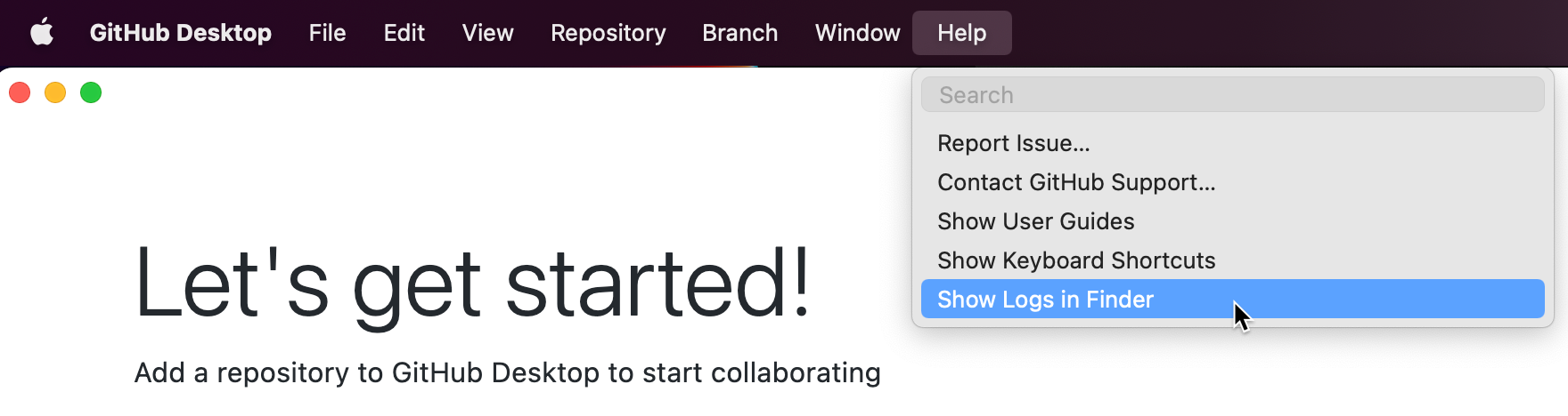 Screenshot of the "GitHub Desktop" menu bar on a Mac. Under the expanded "Help" dropdown menu, "Show Logs in Finder" is highlighted blue.