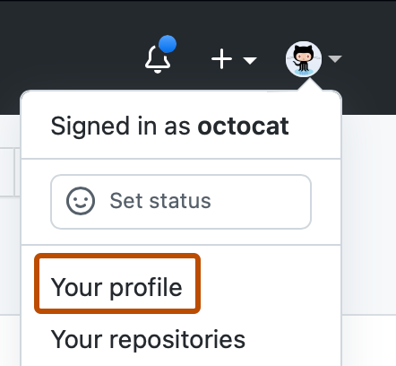 Captura de tela do menu suspenso na imagem de perfil de @octocat. "Seu perfil" está contornado em laranja escuro.