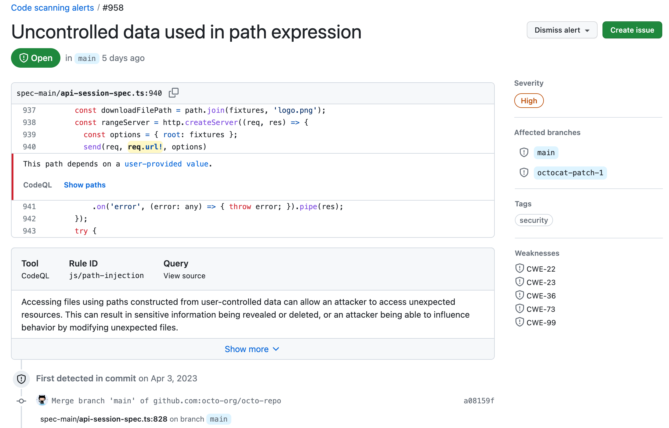 Captura de tela de um alerta de code scanning, inclui o título do alerta, linhas de código relevantes à esquerda, metadados à direita.