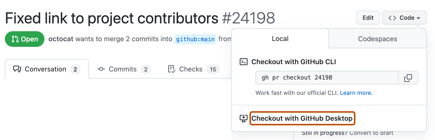 GitHub での pull request のスクリーンショット。 [Code] ドロップダウン メニューが展開され、[Checkout with GitHub Desktop] ボタンがオレンジ色の枠線で囲まれています。